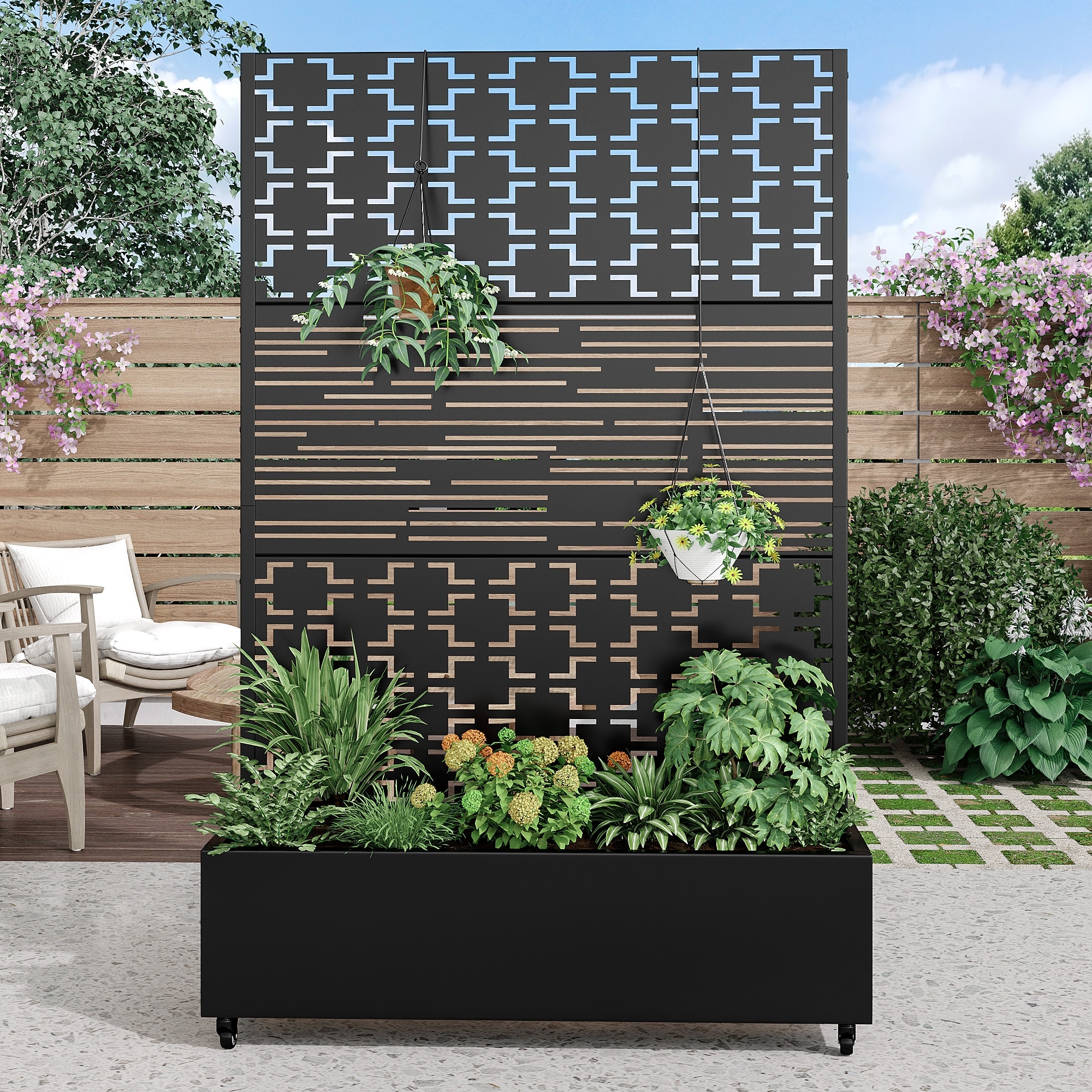Metal Movable Planter Box with Trellis Privacy Screen Planter Box with Lockable Wheels