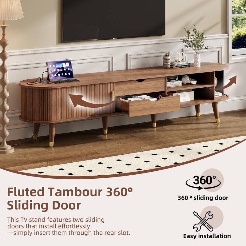 Wooden Oval Fluted TV Stand with Charging Station for TV up to 80", Mid-Century Media Console with Sliding Tambour Door