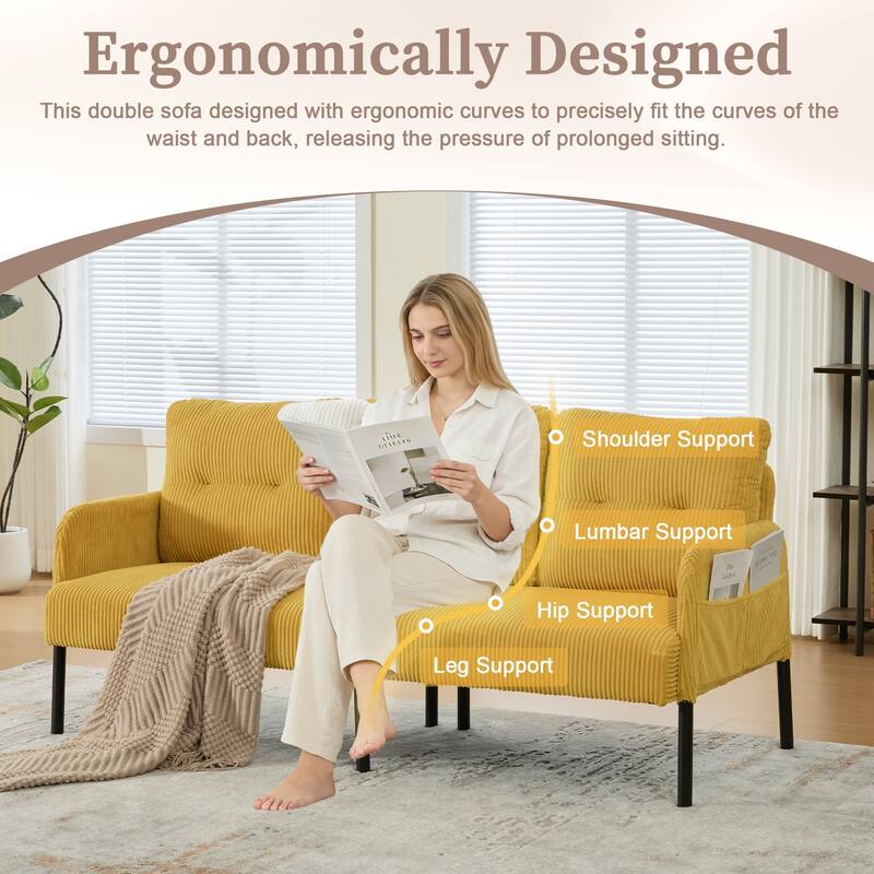 HOMEFUN Corduroy Upholstered Oversized Wood Frame Loveseat Sofa with Metal Legs and Side Pockets