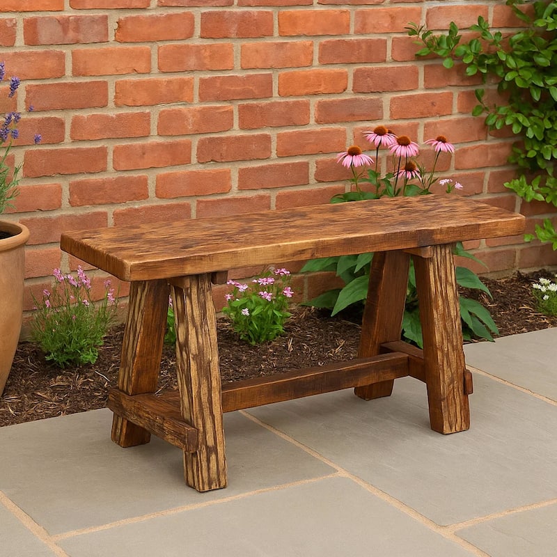Wooden Garden Patio Bench With Retro Etching, Cappuccino Brown