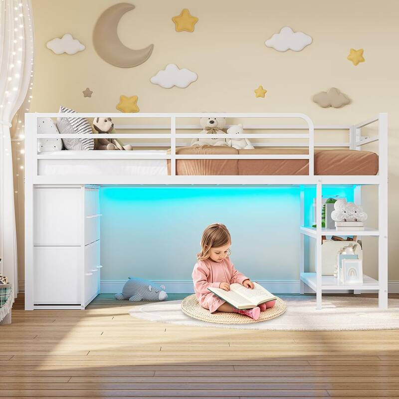 Twin Size Low Loft Bed with 6 Fabric Storage Drawers LED Lights