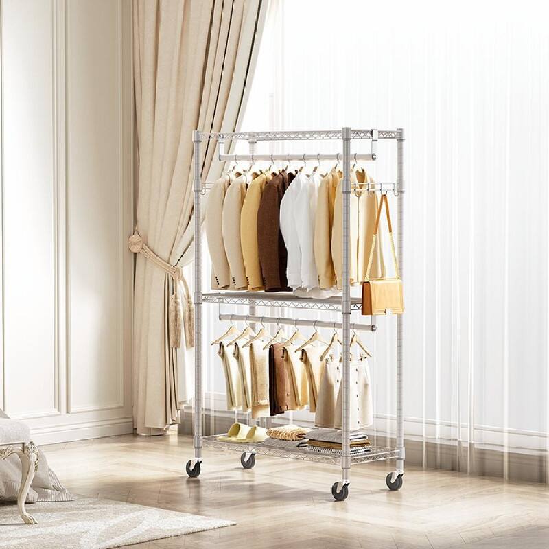 Heavy Duty Rolling Garment Rack with Wheels, 3-Tier Adjustable Wire Shelving, Clothes Rack with 2 Rods & Side Hooks