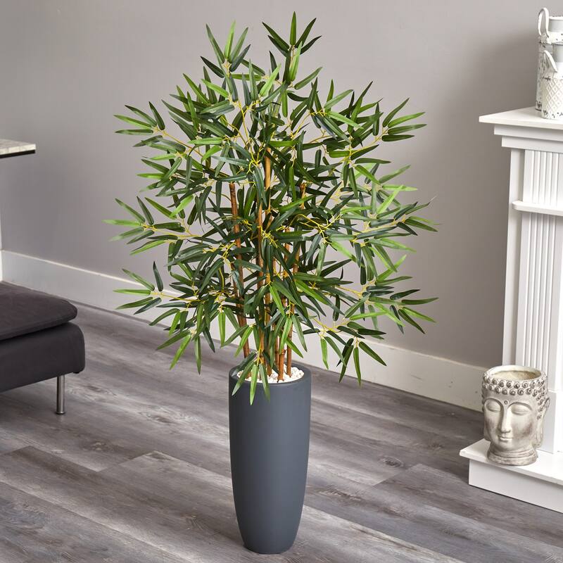 Artificial Bamboo Tree with Planter - 4ft Faux Tree Indoor Decor Gray Pot - Green - 61 Inches and Over