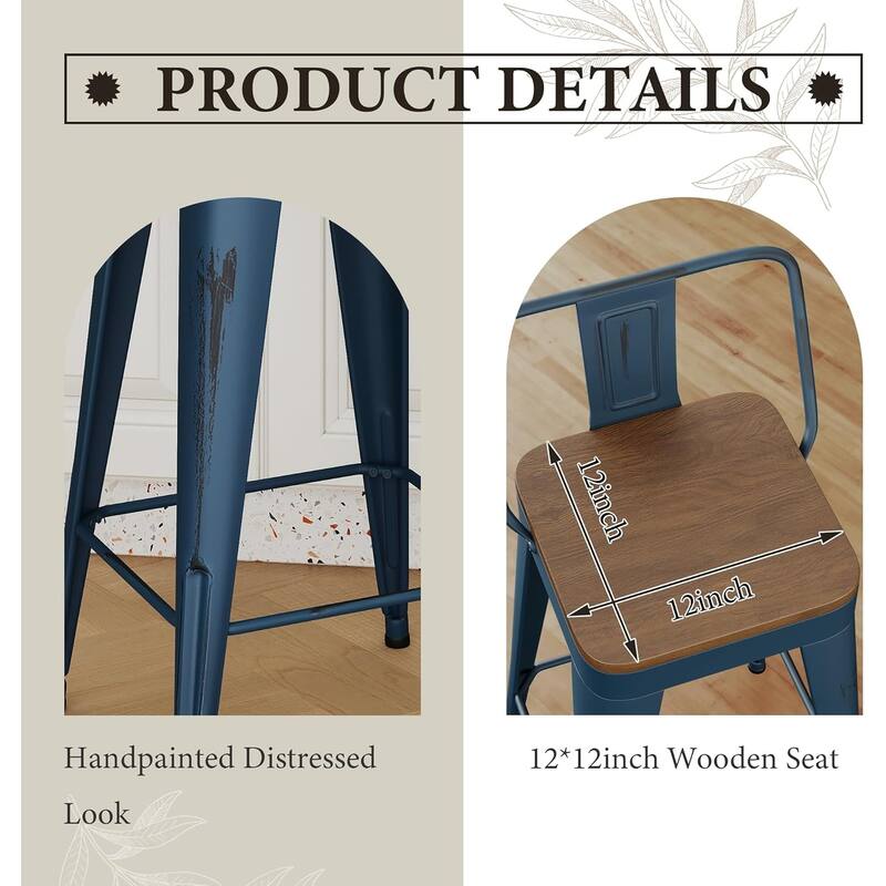 Industrial Style Counter Stools with Metal Frame 24" Kitchen Counter Height Stools with Low Back and Wooden Seat