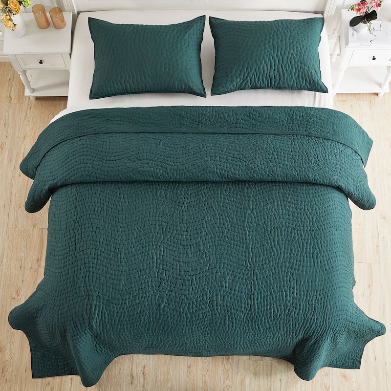 Handstitch Cotton Voile Quilt Set - Forest Green - King - 3 Piece