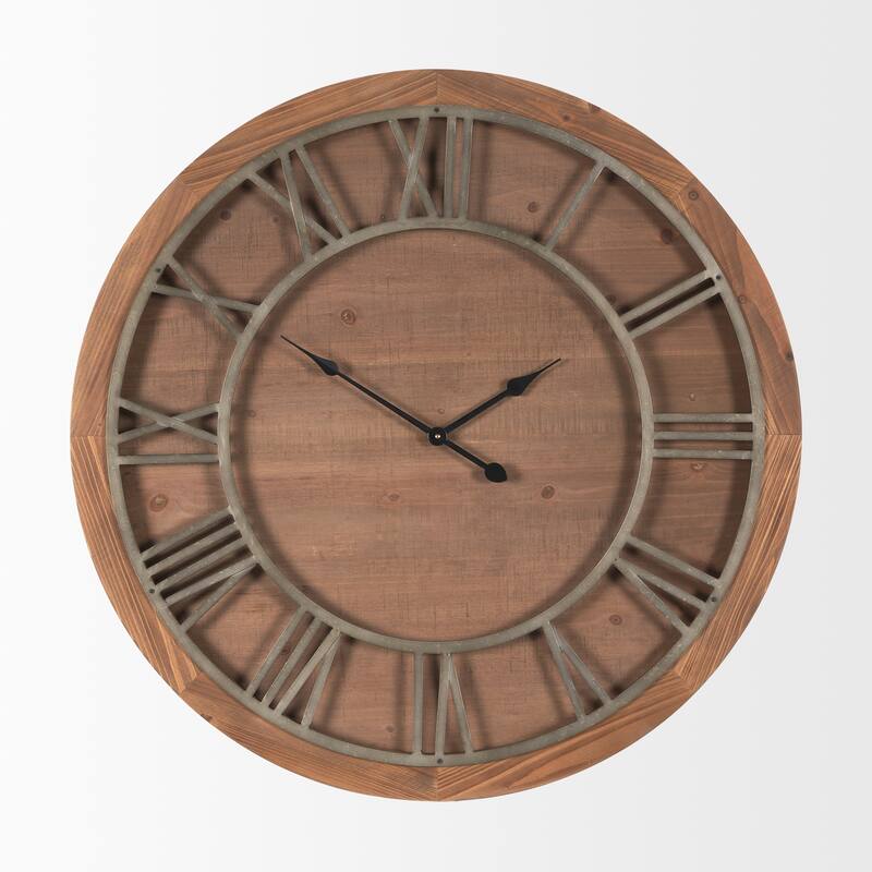 Raul Medium Brown Wood W/ Silver Metal Wall Clock - 35.7L x 2.3W x 35.7H