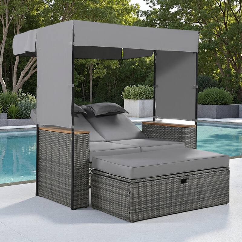 2-Piece Outdoor Patio Rattan Canopy Daybed Sunbed with 5 Positions Adjustable Backrest and Storage Bench - Grey