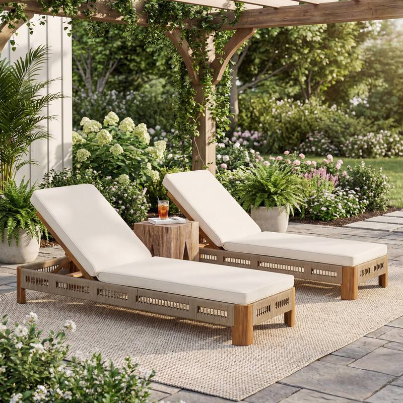 Christopher Knight Home - Ellery Acacia Wood Outdoor Adjustable Chaise Lounge with Cushion & Handwoven Rope Accents