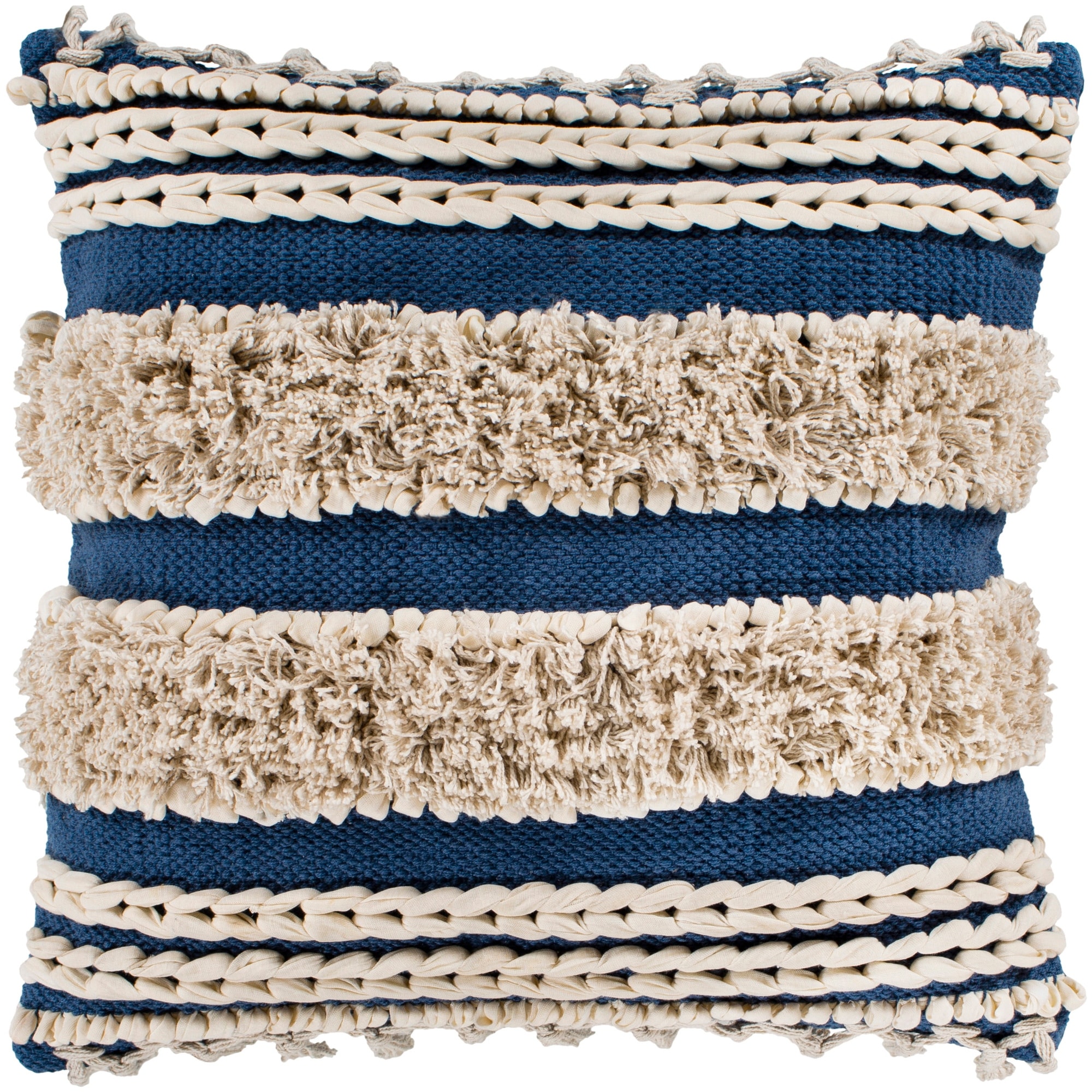 Rylie Navy Bohemian Braided Shag Feather Down Throw Pillow (18" x 18")