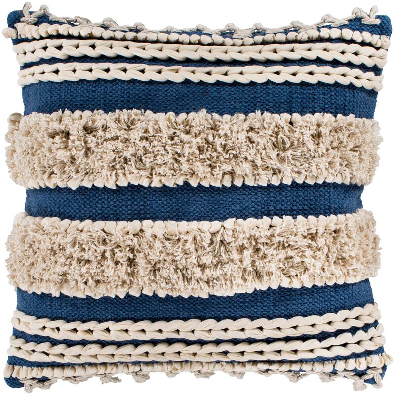 Rylie Navy Bohemian Braided Shag Poly Fill Throw Pillow (20" x 20")