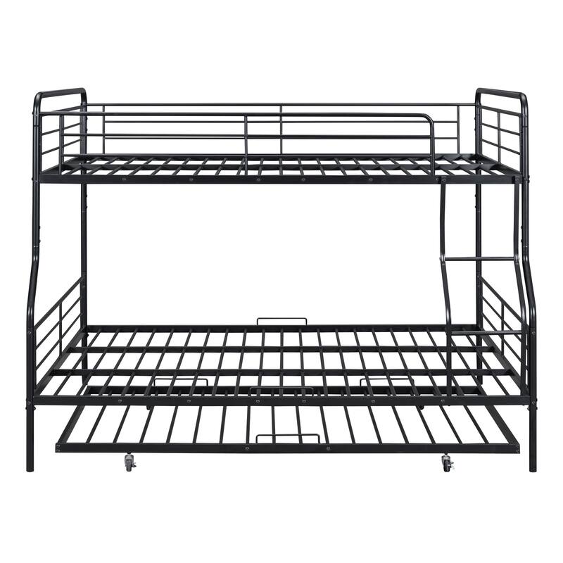 Black+Trundle Full XL over Queen Metal Bunk Bed with Full Length Guardrail, Convertible Design, Easy Assembly
