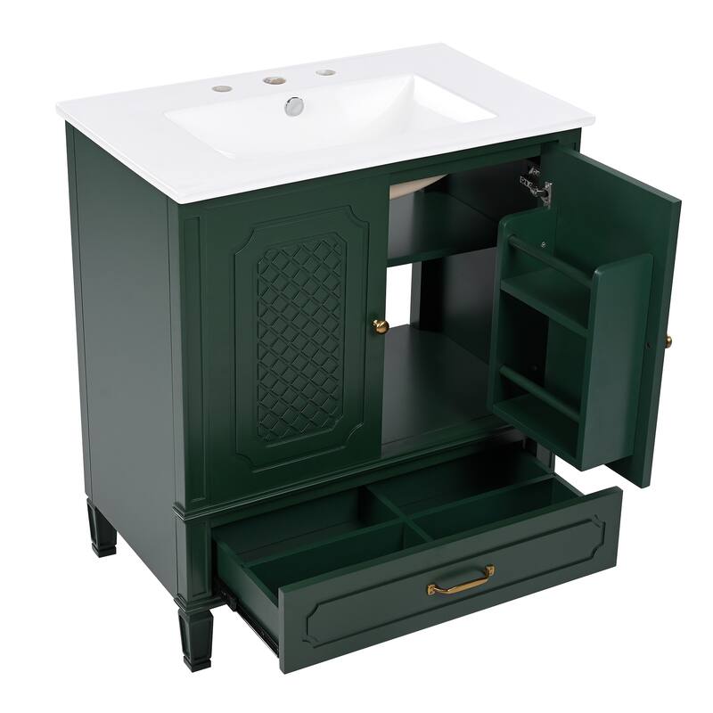 Roomfitters 30" Vintage Style Bathroom Vanity with Ceramic Sink, Customizable Storage Drawer and Soft-Close Door