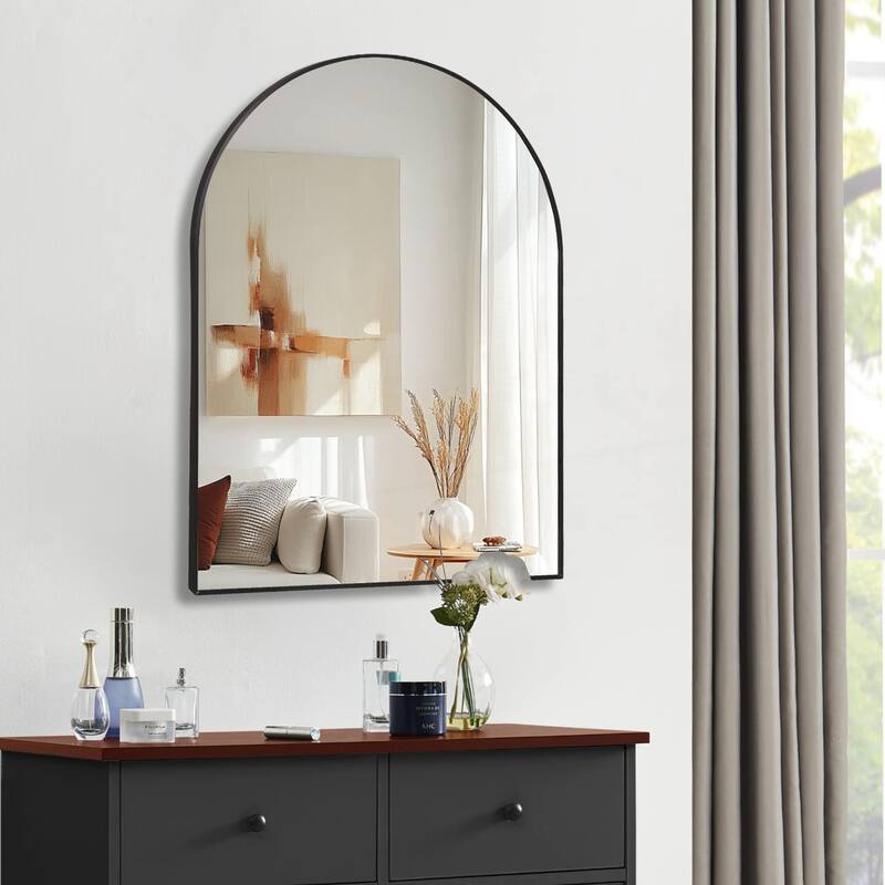 30x40 Inch Metal Framed Arched Bathrrom Mirror for Wall - Black