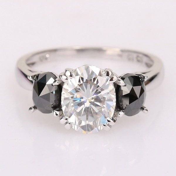 Miadora 2ct DEW Oval-cut Moissanite and 1ct TDW Black Diamond 3-Stone Engagement Ring in 10k White Gold. Opens flyout.
