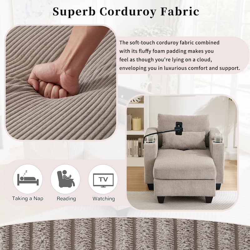 Convertible Chaise Lounge 37.4" Sofa Chair Sofa Bed Corduroy Sleeper Sofa with USB Ports, Two Cup Holders, Phone Holder
