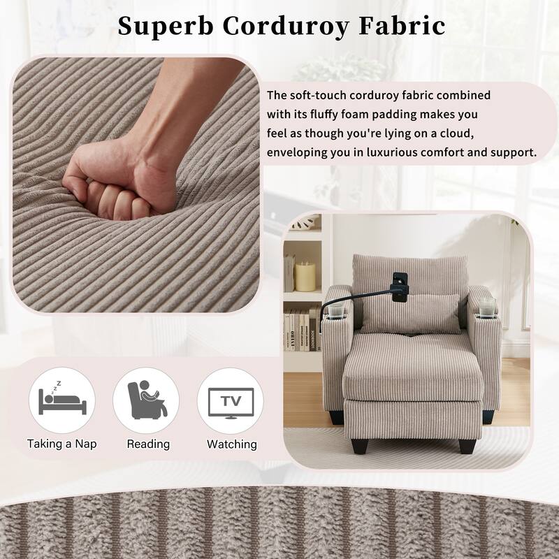 Convertible Chaise Lounge Sofa Chair with USB Ports, Storage 37.4" Corduroy Sleeper Sofa Bed with Adjustable Backrest