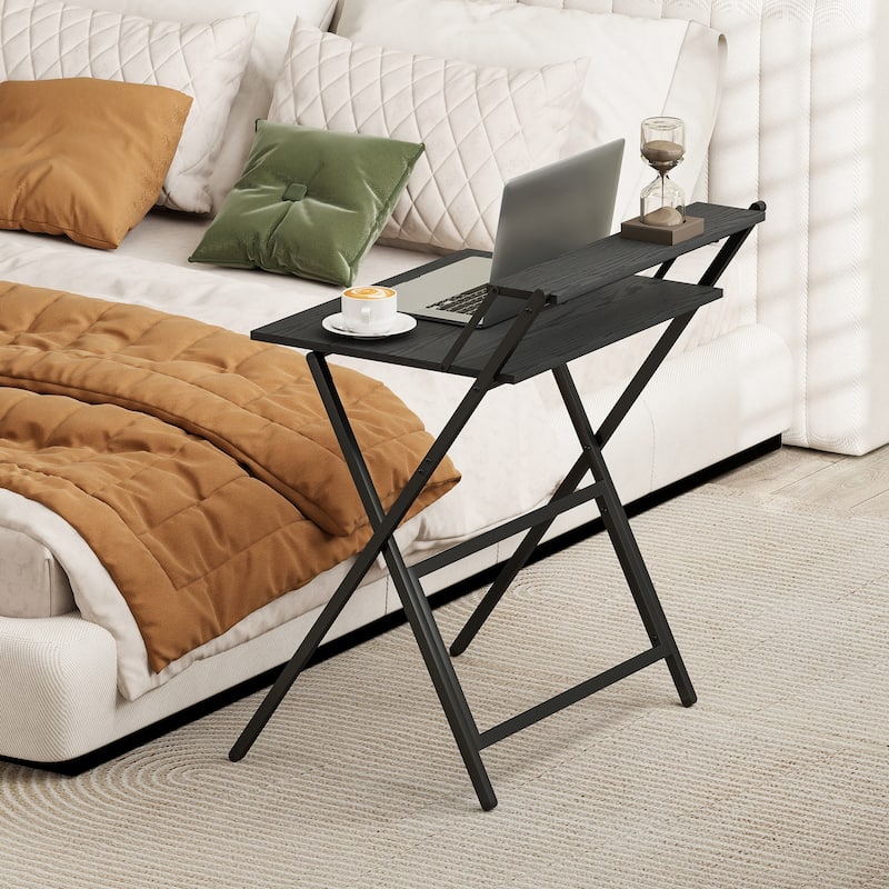 Folding Desk with Monitor Shelf Compact Space Saving Workstation for Home Office