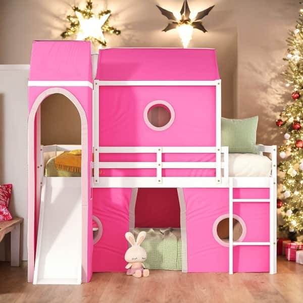 slide 2 of 28, Modren Twin Size Bunk Bed With Slide Pink Tent and Tower,Spacious Under Bed Space for Bedroom Pink