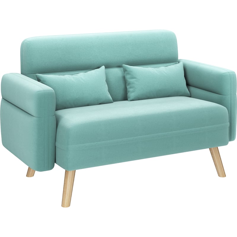 Yaheetech Small Fabric Loveseat Sofa With Lumbar Pillows, Solid Wood Legs Modern 2 Seater Sofa Couch - 46"× 29"×30.5" - Aquamarine