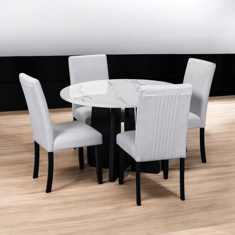 5-Piece Round Dining Table Set, 43-Inch MDF Table with 4 Upholstered Chairs for Kitchen, Dining Room, Living Room