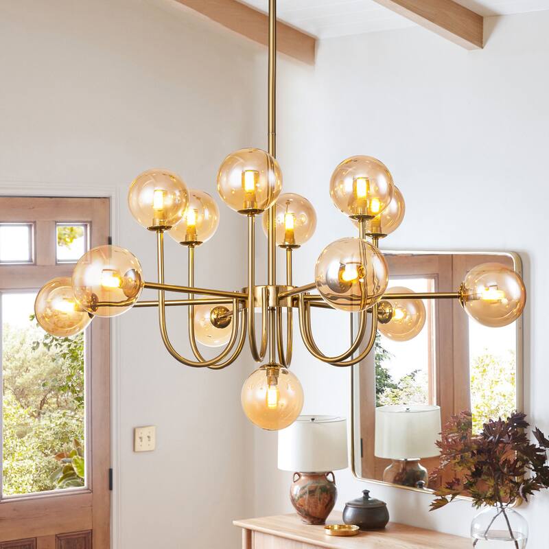 13-Light Mid-Century Modern Sputnik Cluster Pendant Lighting Magic Bean Glass Globe Bubble Chandelier - Gold- Amber Glass