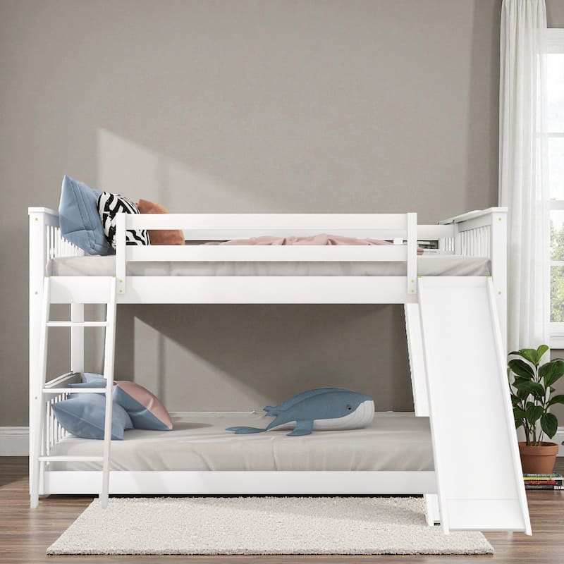 Twin Over Twin / Full Over Full Wooden Bunk Bed with Convertible Slide and Ladder, Guardrails, No Box Spring Needed - White - Full