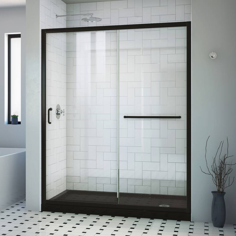 DreamLine Infinity-Z 30 in. D x 60 in. W x 74 3/4 in. H Sliding Shower Door and Shower Base Kit - 30 X 60 - Satin Black, Black Base, Right Drain