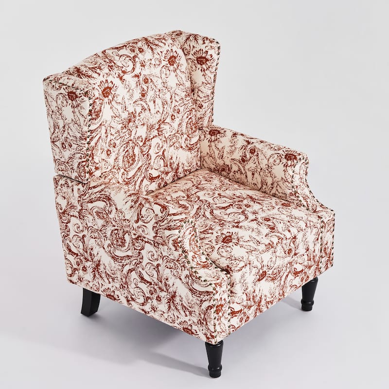 Traditional Floral Patterned Wingback Armchair with Nailhead Trim