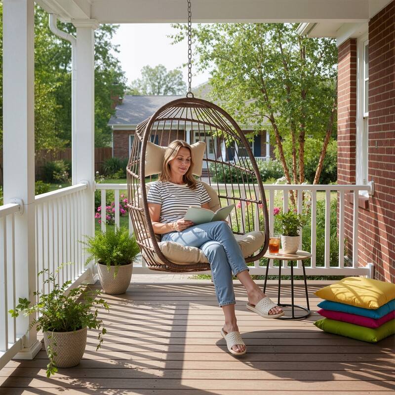 Outdoor Indoor Wicker Foldable Hanging Egg Chair Without Stand, Patio Swing Chair with Cushion, 350 lb Capacity