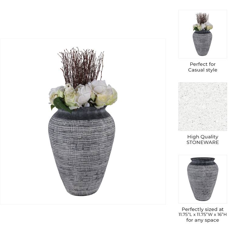 Ceramic Vase Textured Wide-Opening for Modern Decor - 16" Black