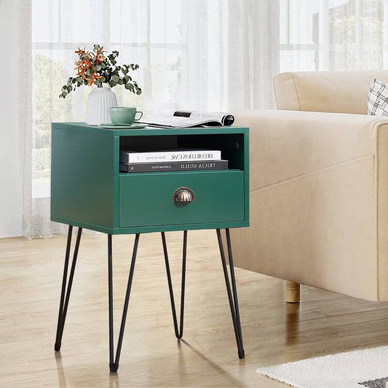 VECELO Mid Century Modern Nightstand with Drawer Open Shelf V-Shaped Metal Legs End Table for Bedroom Living Room