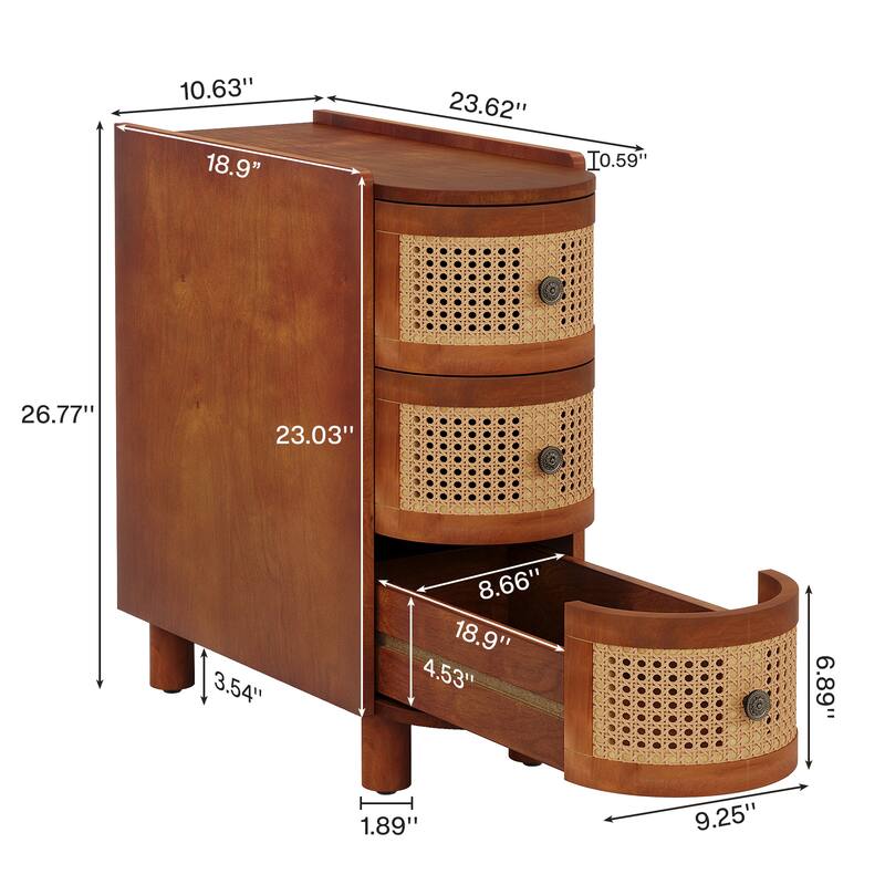 Solid Wood End Table, 3-Drawer Rattan Side Table, Night Stand with Exquisite Embossed Handles for Living Room