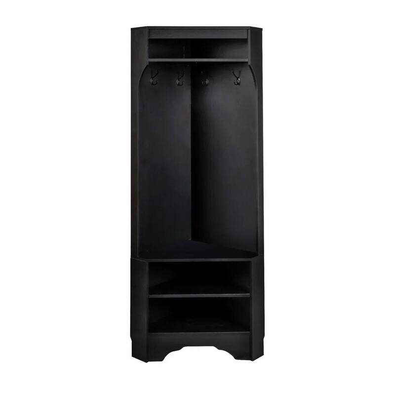 Modern Corner Hall Tree Coat Rack with Shoe Bench Storage Cabinet and Hooks Entryway Organizer - 29.5" x 71.6 - Black