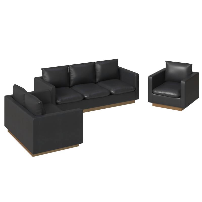 3-Piece Executive Leather Sofa Set with Brushed Gold Stainless Steel Base - Black