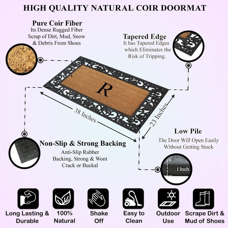 A1HC Rubber and Coir Dirt Trapper Heavy Weight Large Monogrammed Doormat, Black