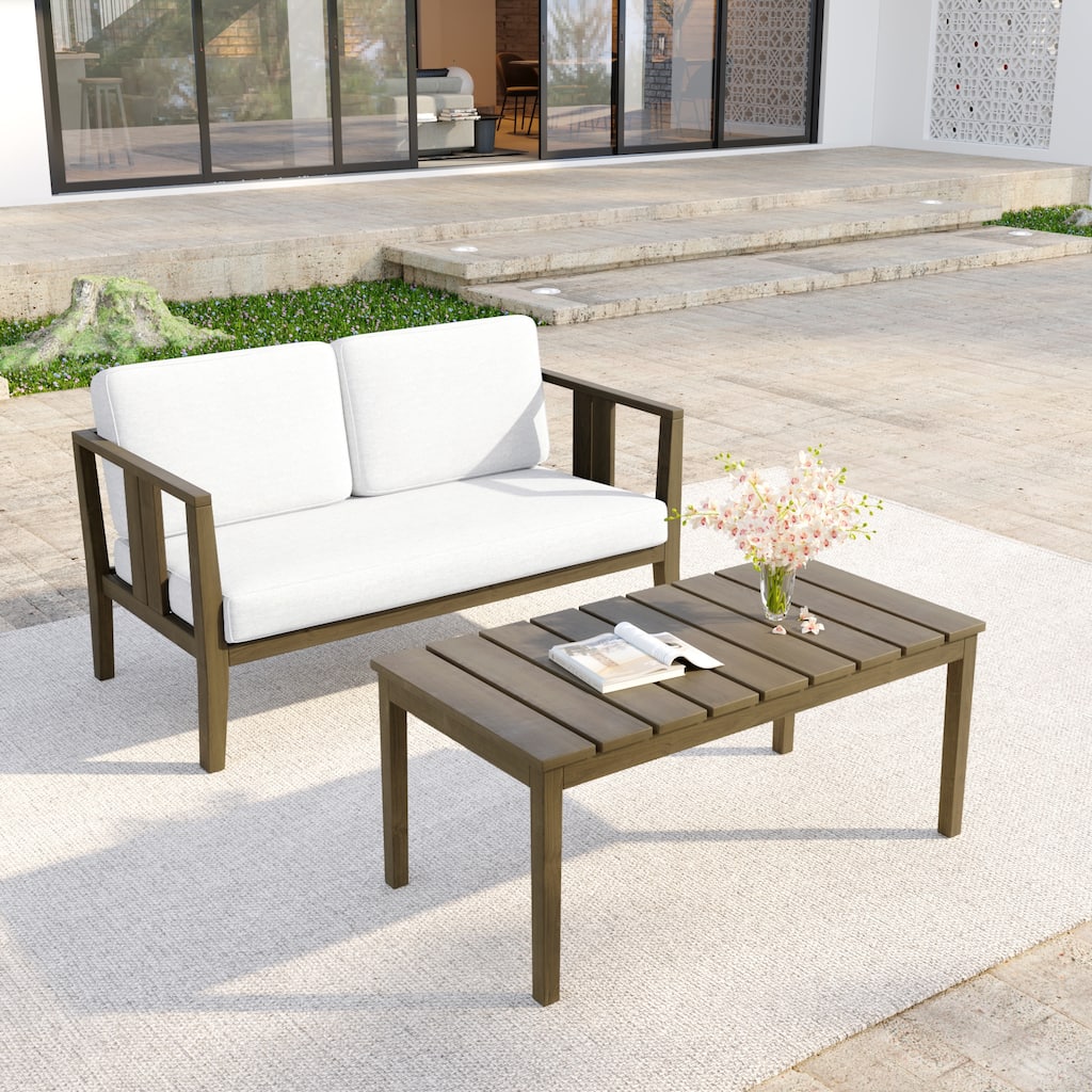 Casual 53"W Outdoor Patio Loveseat Set In Solid Teak Wood with Cushion