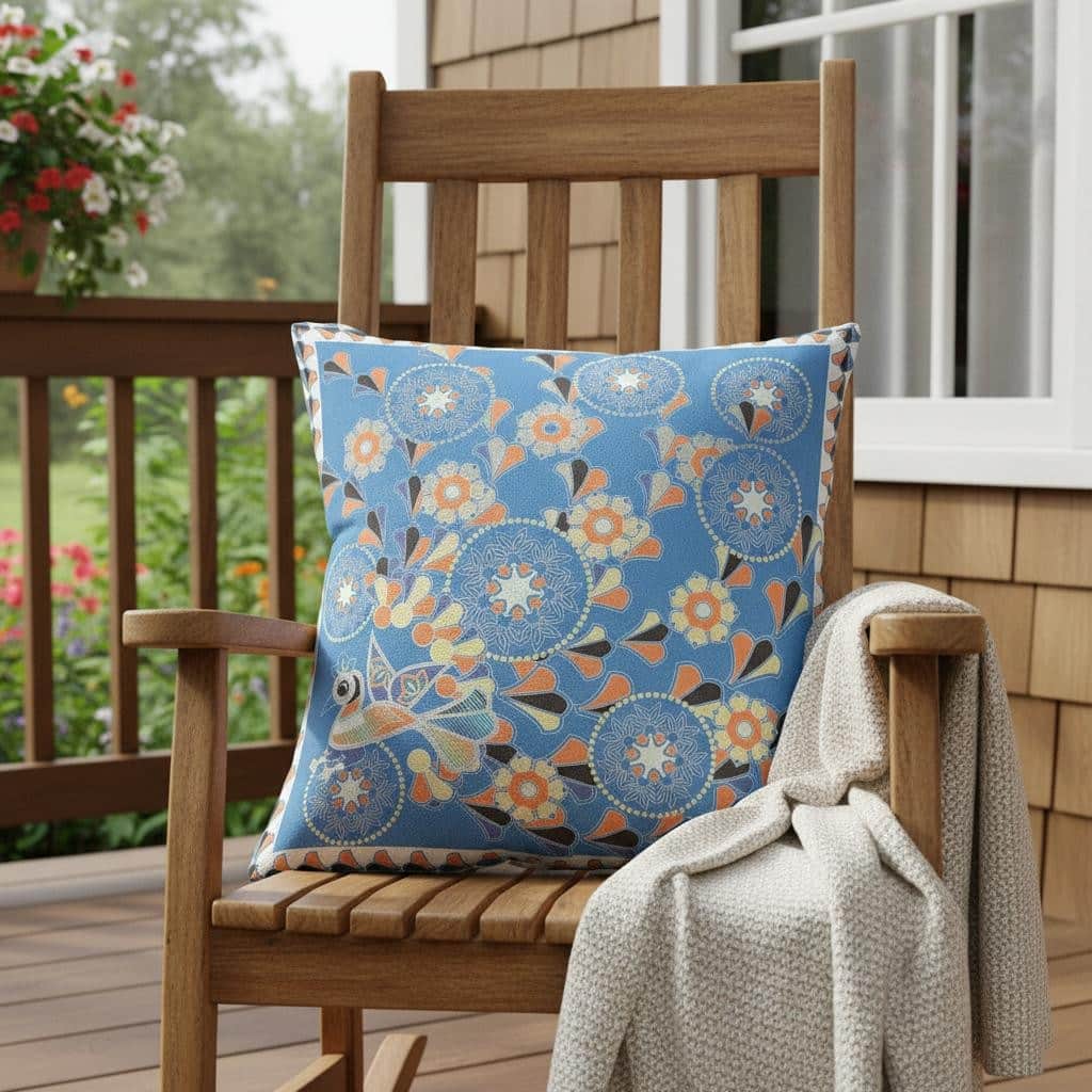 HomeRoots 18" x 18" Blue and Orange Peacock Blown Seam Floral Indoor Outdoor Throw Pillow - 18.00' X '5.00' X '18.00