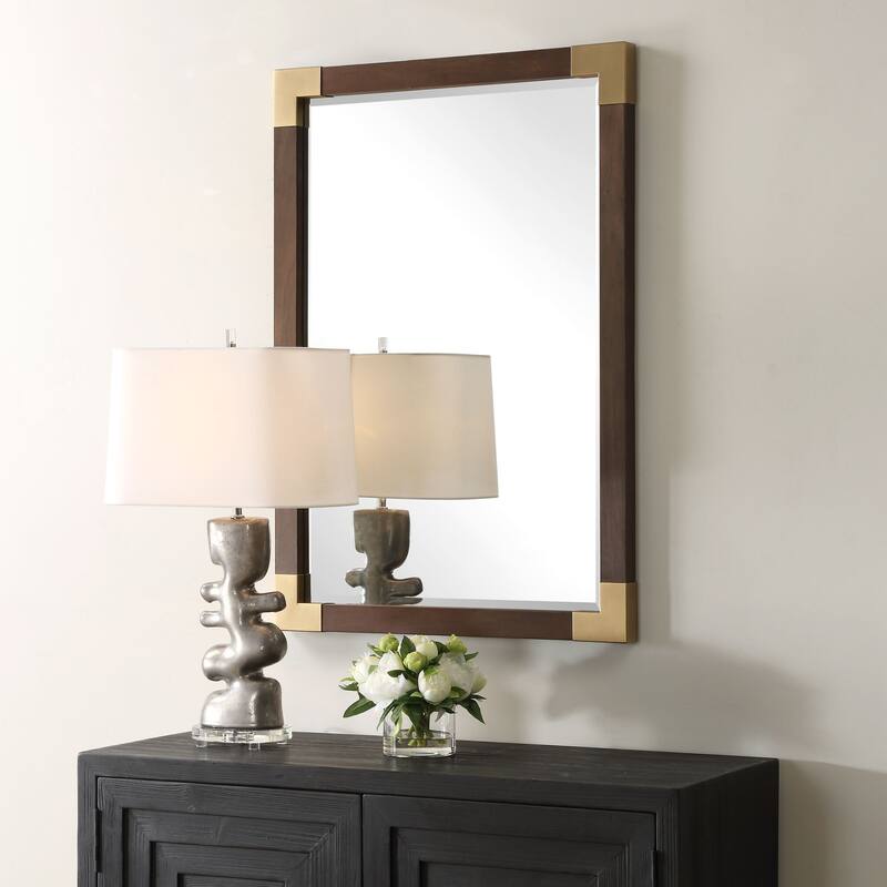 Solid Wood Framed Beveled Wall Mirror 39.25" Aged Walnut Finish