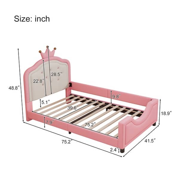 Adorable Princess Pink Twin Size Upholstered Daybed with Button Tufted Crown Headboard, Low Profile Platform Bed for Kids