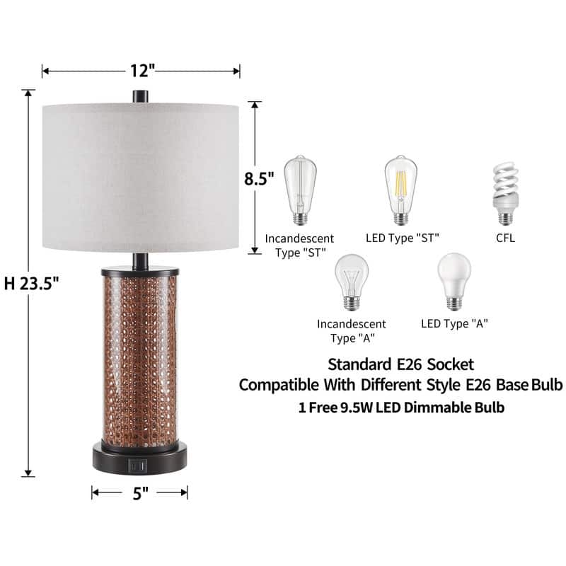 KAWOTI Modern Table Lamp with USB Charging Ports&AC Outlet, Glass&Rattan Design - W12" x H23.5" (Set of 2)