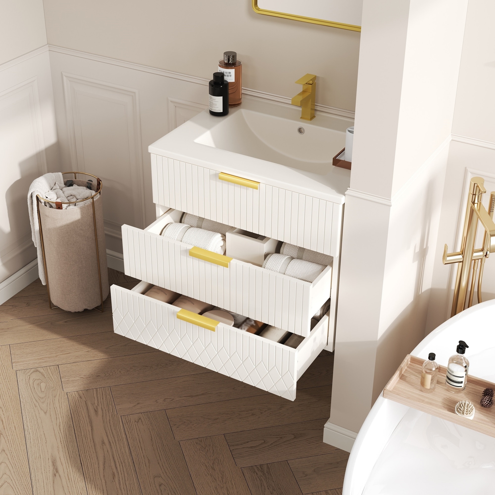 24'' Wall Mounted Bathroom Vanity with Ceramic Sink, Floating Bathroom Cabinet with 2 Drawers, Small Bathroom Storage Cabinet