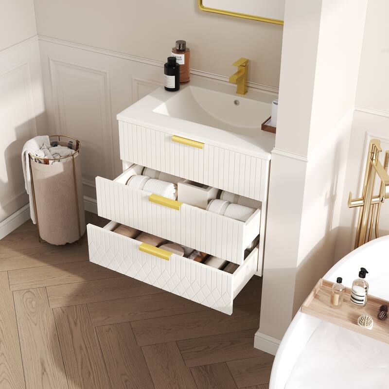 24'' Wall Mounted Bathroom Vanity with Ceramic Sink, Floating Bathroom Cabinet with 2 Drawers, Small Bathroom Storage Cabinet - White