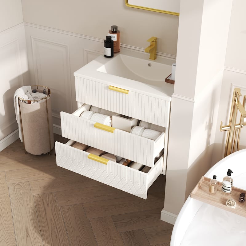 24 inch Wall Mounted Bathroom Vanity with Ceramic Sink, Side Cabinet & Single Hole Faucet