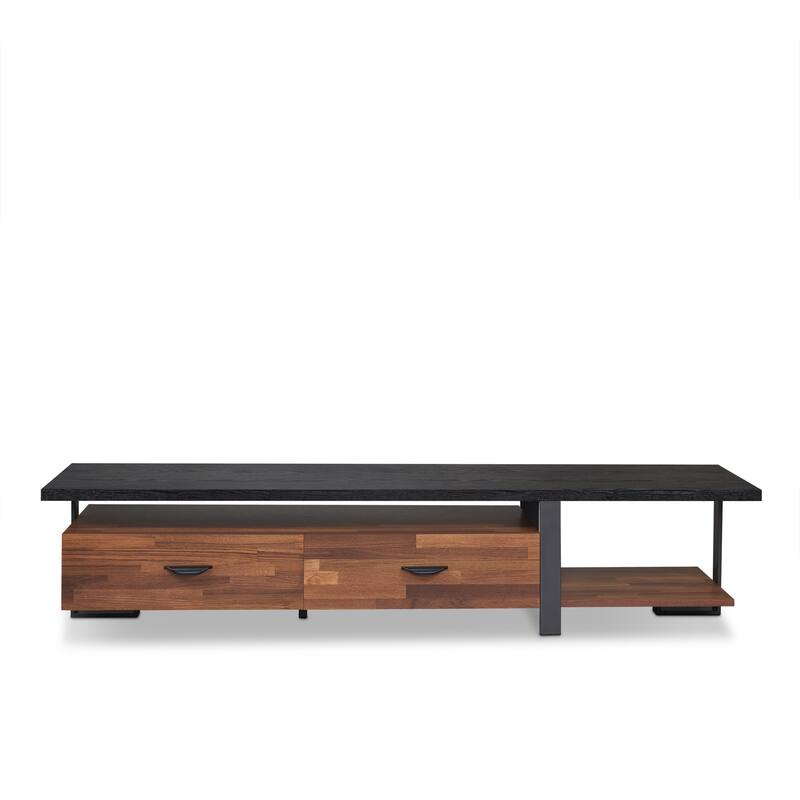 Versatile Walnut & Black TV Stand with 2 Drawers and Open Storage, Fits 55 TV