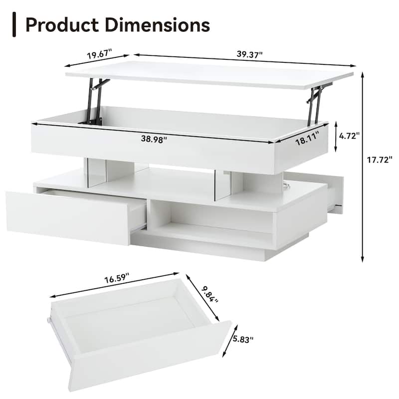 39.3" Modern Lift-Top Coffee Table with LED Lights, Hidden Storage Compartment and 2 Drawers for Living Room or Office
