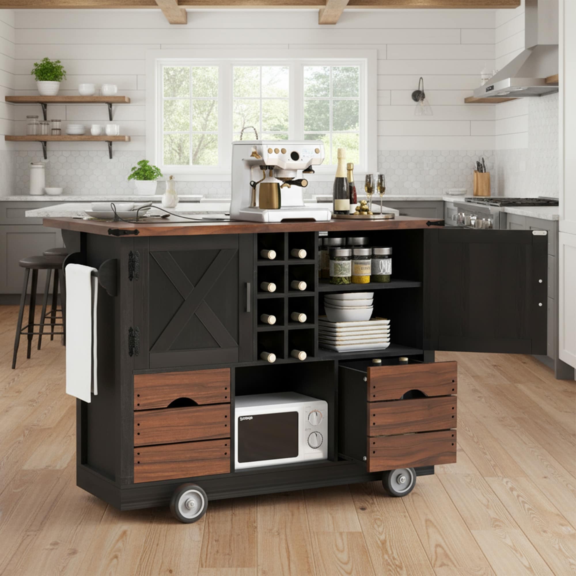 54"Kitchen Island Rolling Kitchen Island on 4 Wheels w/Foldable Wood Tabletop, Power Outlet Kitchen Storage Cart for Dining Room