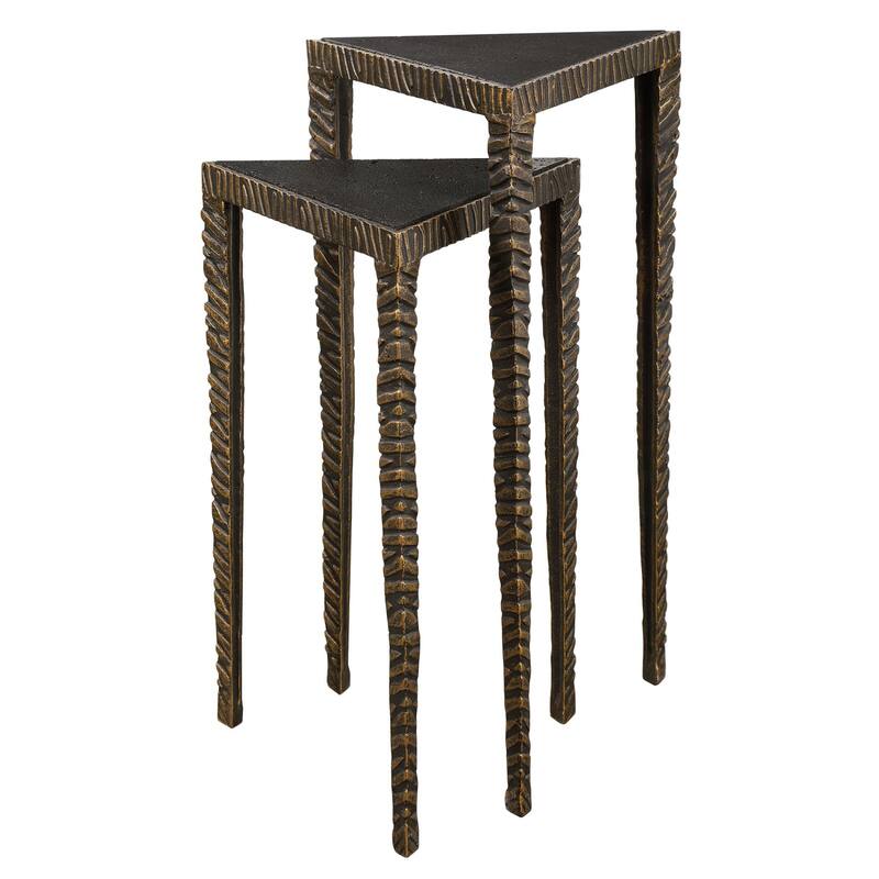 Set of 2 Black and Brown Contemporary Triangular Accent Tables 23"