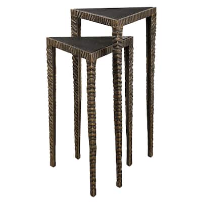Set of 2 Black and Brown Contemporary Triangular Accent Tables 23"