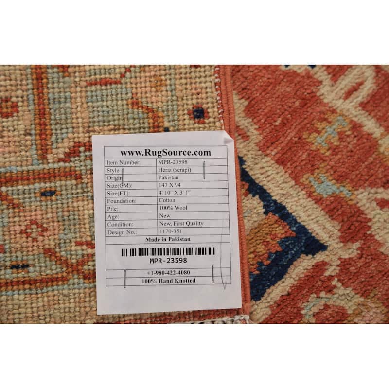 Orange Vegetable Dye Heriz Serapi Rug Hand-Knotted Wool Carpet - 3'1"x 4'10"