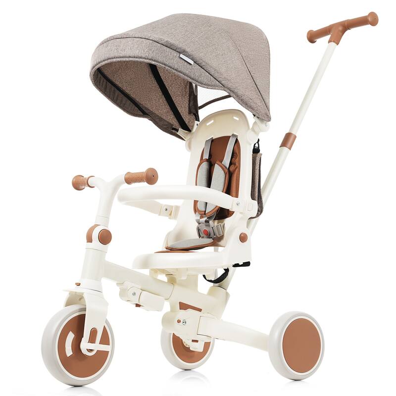 7 In 1 Baby Tricycle, Foldable Toddler Tricycle With Removable And Adjustable Parent Handle,For 12-72 Months - Ivory